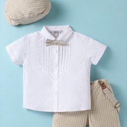 ToffyHouse Poplin Woven Half Sleeves Solid Shirt & Shorts With Bow Suspender & Hat - White-picture-48