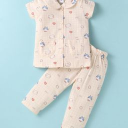 Teddy Sinker Knit Half Sleeves Peter Pan Collar Neck Night Suit Cat Print - Beige-image-83