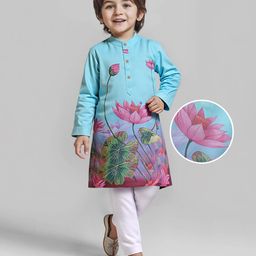 Babyhug Woven Full Sleeves Kurta & Pyjama with Lotus Print - Light Blue-image-8