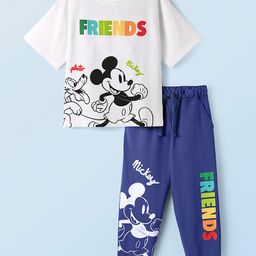 Pine Kids Disney Terry Knit Half Drop Shoulder Sleeves Oversized T-Shirt & Lounge Pant Set With Mickey Mouse Graphics - White & Blue-image-22