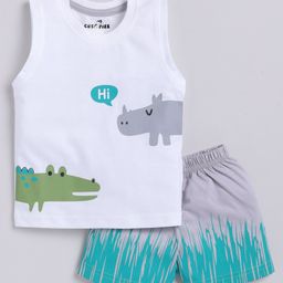 CUTOPIES Cotton Sleeveless Animals Printed Tee & Shorts Set - White-image-29