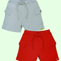 Kiddopanti Cotton Pack of 2 Solid Cargo Shorts - Steel Grey & Red-picture-42