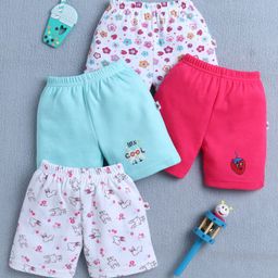 BUMZEE Cotton Pack Of 4 Floral & Bunny Printed Shorts - Pink & Mint Green-image-37
