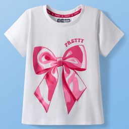 Pine Kids Cotton Knit Half Sleeves T-Shirt with Bow & Pretty Text Print - White-image-94