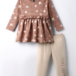 CUCUMBER Interlock Knit Full Sleeves Frock with Legging & Teddy Print - Brown-picture-30