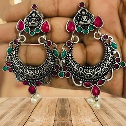 OPUS GEMS Artificial Stones Studded And Pearls Beaded Temple Crescent Shaped Chandbalis-image-71