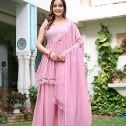 GRISHU COLLECTION Floral Embroidered Georgette Anarkali Kurti With Skirt & Dupatta-picture-56