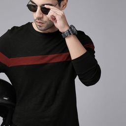 Roadster Men Black  Maroon Striped Round Neck Pure Cotton T-shirt-image-37