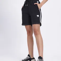 glitchez Women Side Stripe Lace Hem Regular Fit Terry Shorts-image-5