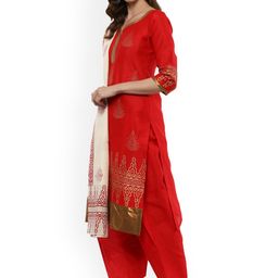 MBE Women Red Block Print Kurta with Salwar & Dupatta image 3