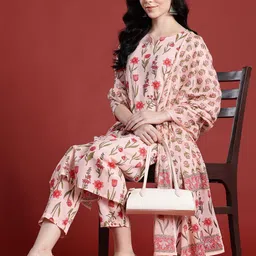 Anouk Floral Printed Pure Cotton Kurta with Trousers & With Dupatta image 5