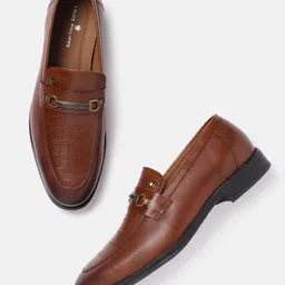 Louis Philippe Men Leather Croc Textured Formal Horsebit Loafers-image-5