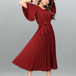 STARWORD Women Round Neck Belted Accordion Pleats Detail Fit & Flare Midi Dress-image-79