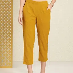 House of Pataudi Women Self Design Pure Cotton Elasticated Cropped Ethnic Trousers-image-2