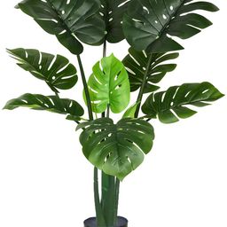Kayra Decor Areca Monstera Artificial Palm Tree Plant with Pot Big Size (Green, 1 Piece) 1.22 m (4 Feet)-13