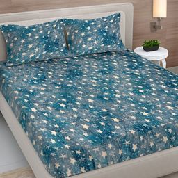 FABINALIV Turquoise Blue Abstract Woollen 300 TC Fitted King Bedsheet Set-2.50mX2.25m-image-8