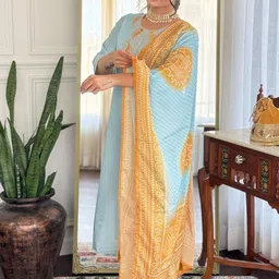 Happy Design Floral Yoke Design Chanderi Silk Straight Kurta & Trousers With Dupatta-picture-8