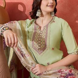 Sangria Floral Embroidered Notch Neck Sequinned Straight Kurta With Trousers And Dupatta-image-15
