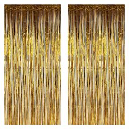 Crackles Metallic Fringe Curtains Gold Pack of 2 - Height 182 cm-image-82