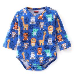 Babyhug 100% Cotton Knit Full Sleeves Wild Animal Print Onesie - Blue-image-55