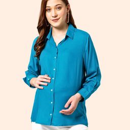 Zelena Full Sleeves Solid Maternity Top With Zip Less Nursing Access - Turquoise Blue-image-52