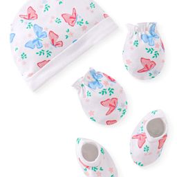 Babyhug 100% Cotton Knit Cap Mittens & Booties With Butterfly Print - White-image-48