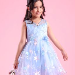 Mark & Mia Woven Sleeveless Party Frock with Star Embroidery & Lace Detailing & Floral Applique - Blue-image-17