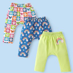 Babyhug Cotton Knit Full Length Diaper Leggings with Floral & Rainbow Print Pack of 3 - Multicolour-image-91