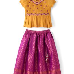 Babyhug Woven Short Sleeves Pattu Pavada Lehenga Choli Set with Floral Embroidery - Fuschia-picture-7