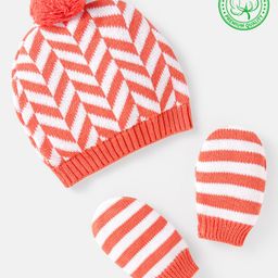 Babyhug 100% Organic Woollen Cap & Mittens With Pom Pom Applique & Chevron Design Orange - Diameter 9.5 cm-image-55
