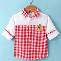 ToffyHouse 100%  Woven Cotton Yarn Dyed Full Sleeves Regular Collared Checkered Shirt With Embroidery - Red-image-123