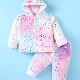 Child World Quilted Knit Full Sleeves Winter Wear Foil Star Printed Hooded T-Shirt & Joggers Set - Pink-image-83