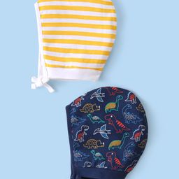 Babyhug 100% Cotton Knit Striped & Dino Printed Caps Pack of 2 - Yellow & Blue-27