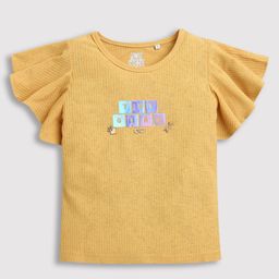 Tiny Girl Cotton Half Frill Sleeves Foil Sticker Printed Top - Mustard-image-65
