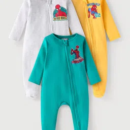 Babyhug Marvel Full Sleeves Sleep Suits with Spiderman Graphics Pack of 3 - Yellow Mint Green & White-picture-24