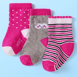Cute Walk by Babyhug Anti-Bacterial Ankle Length Socks with Striped & Polka Dots DesignPack of 3 - Dark Pink & Grey-image-91