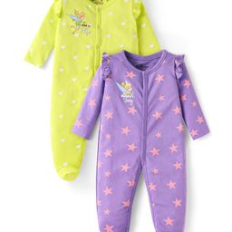 Babyhug Disney Interlock Knit Full Sleeves Sleep Suits with Tinker Bell Graphics & Frill Detailing Pack of 2 - Green & Purple-image-37