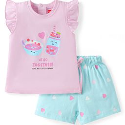 Babyhug Cotton Knit Frill Sleeves Shorts Night Suit with Hearts & Text Print - Pink-image-102