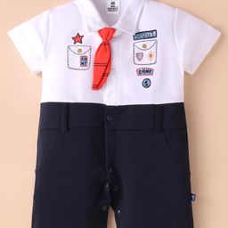 Mini Taurus Interlock Knit Half Sleeves Collared Romper with Tie & Text Print - Navy Blue & White-image-92