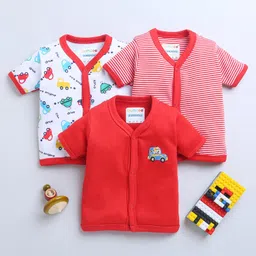 BUMZEE Cotton Woven Half SleevesJhablas with Stripes & Car Print Pack of 3 - Red & White-picture-39