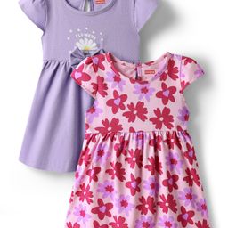 Babyhug Single Jersey Knit Cap Sleeves Floral Printed Frocks With Bow Applique Pack of 2 - Pink & Lavender-image-90