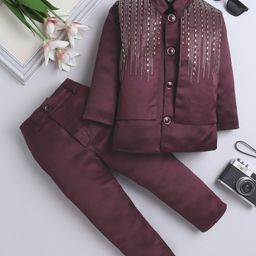 Fourfolds Full Sleeves Stone Embellished Blazer With Attached Waistcoat & Trousers Set - Wine-image-53