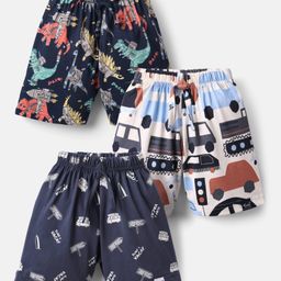 Teddy Sinker Knit Knee Length Shorts With Dino & Vehicles Print Pack Of 3 - Multicolour-6