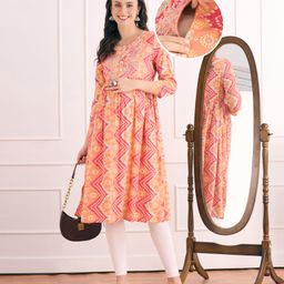 Bella Mama Woven Three Fourth Sleeves Maternity Kurta With Bandhani Print & Embrodiered Yoke - Coral-image-28