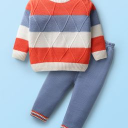 Babyhug Knit Full Sleeves Sweater Set With Stripes - Orange-image-16