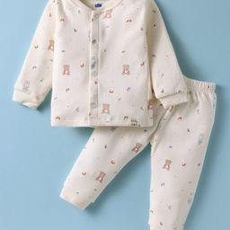 Simply Interlock Knit Full Sleeves Front Open Co-Ord Night Suit with Animal Print - Offwhite-picture-1