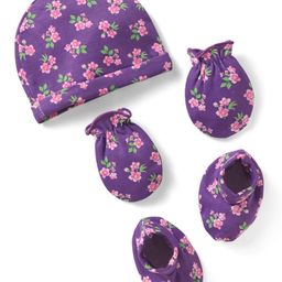 Babyhug 100% Cotton Knit Cap Mittens & Booties Set with Floral Print Purple - Diameter 11 cm-image-64