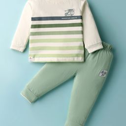 Ollypop Sinker Knit Full Sleeves Tshirt with Side Button & Joggers Set with Stripe Design - Cream & Light Green-image-1