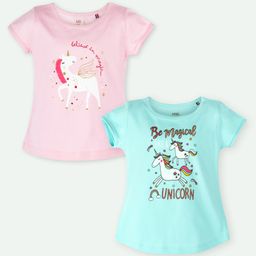 Ariel Cotton Knit Pack Of 2 Half Sleeves Unicorn & Typography Printed Tops - Pink & Sky Blue-image-20