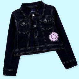 Kiddopanti Denim Woven Full Sleeves Smiley Patch Embroidered & Sequins Embellished Crop Jacket - Black-image-43